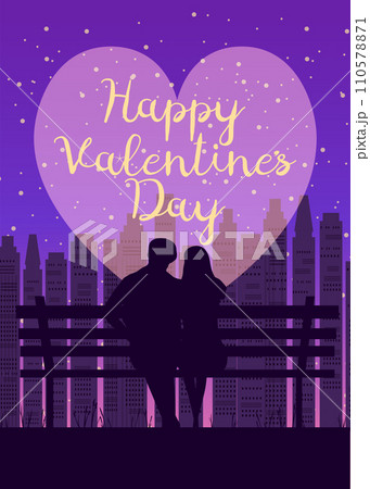 Happy Valentines Day poster, retro. Silhouette loving couple on the bench at night Happy Valentines Day poster, retro. Silhouette loving couple on the bench at night 110578871