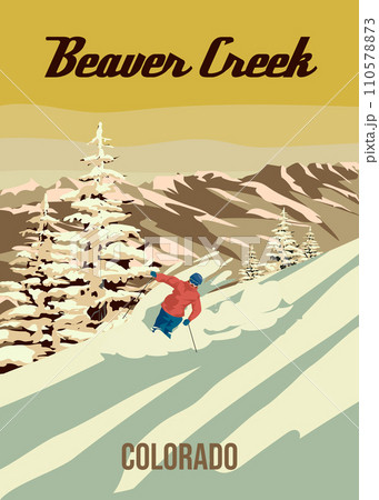 Beaver Creek Ski Travel resort poster vintage. Colorado USA winter landscape travel card 110578873