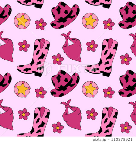 Seamless Pattern with retro Cowgirl pink elements. Boots, hat, scarf bandana, sheriff badge, flowers. Western and wild west theme. Hand drawn Flat vector illustration. 110578921