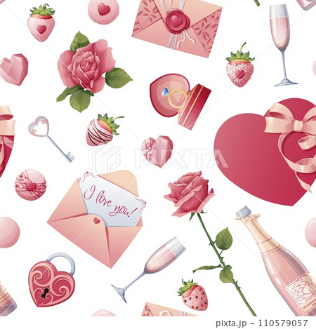 Seamless pattern with roses, champagne, strawberries, candies with hearts. Great for wrapping paper, fabric, wallpaper, textiles. Background for Valentine s Day. 110579057