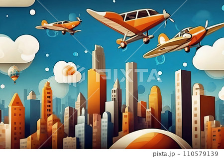 Urban Panorama: Captivating Landscape with City Skyline and Formation of Planes in Flight. Generative AI. Urban Panorama: Captivating Landscape with City Skyline and Formation of Planes in Flight. Generative AI. 110579139