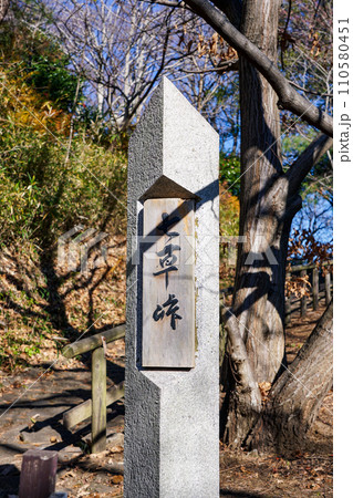 枡形山の七草峠を登る木の階段（神奈川県川崎市） 110580451