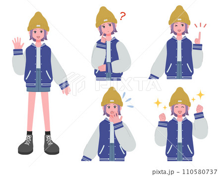 カジュアルな服装の女の子の表情セット 110580737