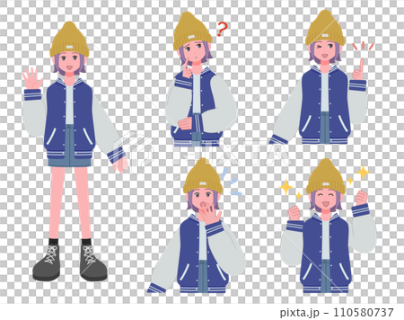 カジュアルな服装の女の子の表情セット 110580737
