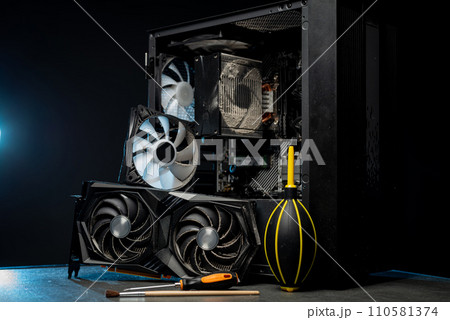 Dirty cooler ventilation system unit computer, cleaning from dust. 110581374