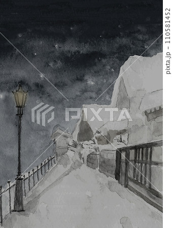 水彩で描いた雪の降り積もった街灯の灯るモノトーンの夜景 手書きイラスト 110581452