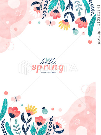 春の花の背景フレーム カラフルな水彩のイラスト枠（縦） 110581541