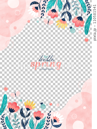 春天的花朵背景框架彩色水彩插圖框架（垂直） 110581541