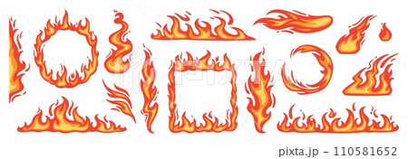 Cartoon red flame. Fire flames, hot fireball, danger wildfire campfire and bonfire elements, fire frames and flaming borders isolated vector set 110581652