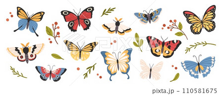 Cartoon butterflies. Cute spring insects with colourful wings, flying butterfly. Winged insect, beautiful moth fauna decorative elements. Papillons vector set 110581675