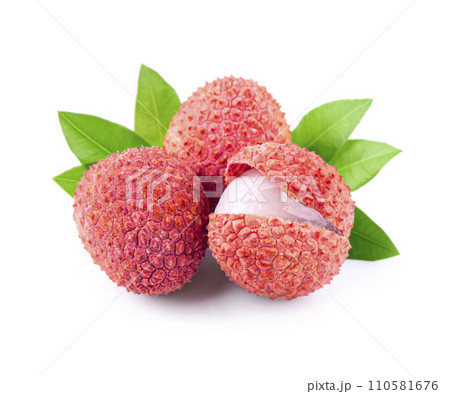 Lychee with leaves on white backgrounds Lychee with leaves on white backgrounds 110581676
