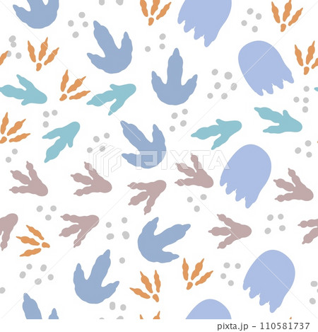 Seamless pattern dinosaur foot trace. Color kids background with dino footprint trace. Jurassic reptiles paw steps on pattern for fabric, wallpaper. Vector illustration 110581737