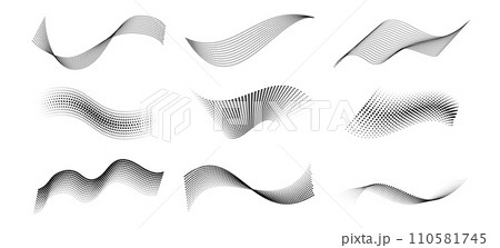 Halftone dotted waves. Curved abstract wavy shapes, wave with dot pattern, halftone circles texture isolated vector set. Black dots flow business elements 110581745