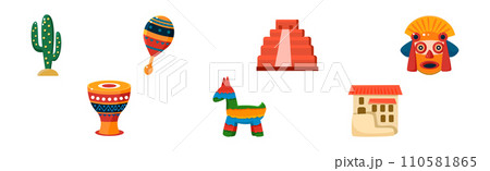 Mexican Objects and Symbols with Cactus, Maraca, Monument, Mask, Drum and Pinata Vector Set Mexican Objects and Symbols with Cactus, Maraca, Monument, Mask, Drum and Pinata Vector Set 110581865