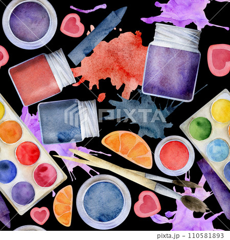 Watercolor hand drawn illustration, kids children painting materials supplies, art stationery and color splashes. Seamless background isolated on black. For school, kindergarten, party, print, website 110581893