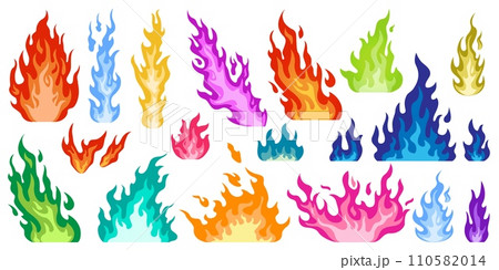 Cartoon color flames. Bright multicolored flat fires. Different sizes, shapes and directions. Cold and hot ignitions. Danger flaming combustion. Inferno colorful elements. Recent vector set 110582014