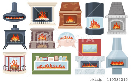 Cartoon fireplaces and hearths. Home interior heating. Cozy room elements. Modern domestic fire. Retro stove. Warm house. Burning flame. Traditional household furnace. Recent vector set 110582016