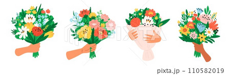 Cartoon hands hold flowers. Beautiful bouquets. Spring holiday botanical present. Floral compositions. Blooming romantic gifts. Blossoms bunch in arms. Natural plants. Garish vector set Cartoon hands hold flowers. Beautiful bouquets. Spring holiday botanical present. Floral compositions. Blooming romantic gifts. Blossoms bunch in arms. Natural plants. Garish vector set 110582019