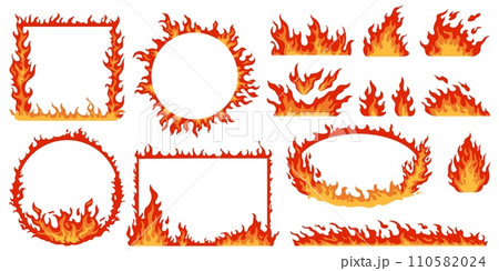 Flames frames. Different shapes of curved fires. Round, oval and square fiery borders. Hot red bonfires. Geometric burning forms. Flaming combustion. Inferno element. Recent vector set 110582024
