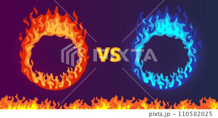 Flaming frames for confrontation. Burning versus borders. Red and blue circle fires. Rivalry fight design. Opponents competition. VS banner. Boxing championship. Recent vector concept 110582025