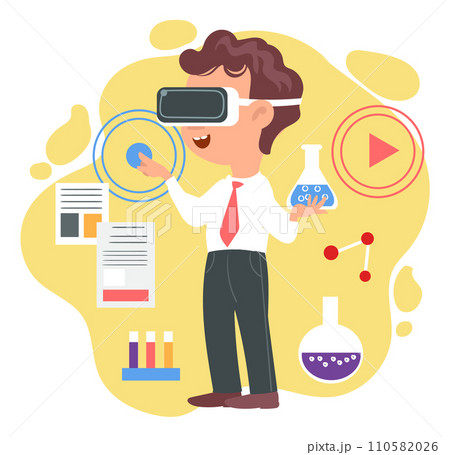 Kids virtual reality. Boy with VR glasses. Innovation augmented technology. Cyberspace simulation device. Futuristic education. Guy learning chemistry in digital laboratory. Vector concept 110582026