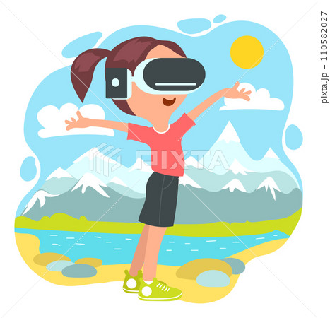 Kids virtual reality. Happy girl with VR glasses. Innovation augmented technology. Futuristic travel and study. Cyberspace simulation device. Child looking at landscape. Vector concept 110582027