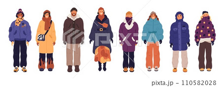 People in winter clothes. Men and women in warm casual wears. Modern garment. Relevant outfits. Trendy coats. Down jackets and boots. Standing people. Hats or scarves. Garish vector set 110582028