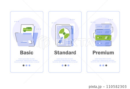 Service upgrade concept,three options, basic subscription, standard account, premium plan, experience improvement, better offer 110582303