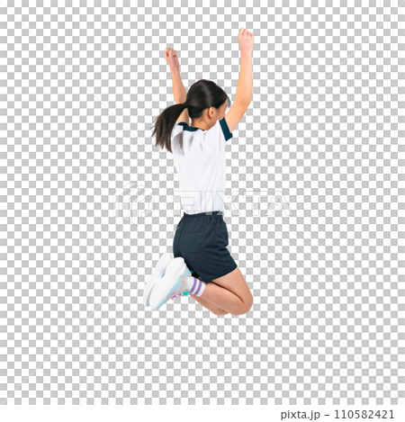Back view of a girl wearing gym clothes jumping - Transparent background photo PNG precisely cut out by hand 110582421