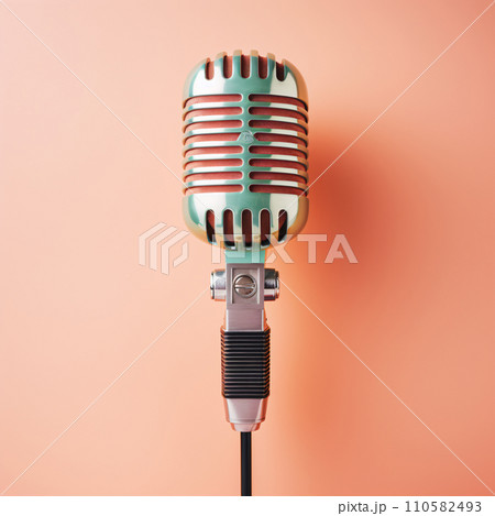 Vintage Vibe,  Chrome Microphone Pops Against Soft Pastel Background Vintage Vibe,  Chrome Microphone Pops Against Soft Pastel Background 110582493