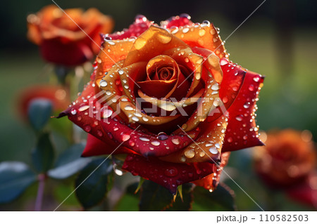 A Water Drop Adorns a Blooming Red and Gold Rose in Stunning Close-Up 110582503