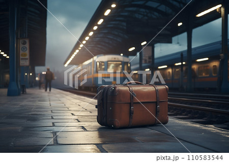 Generative AI a suitcase is on a train platform 110583544