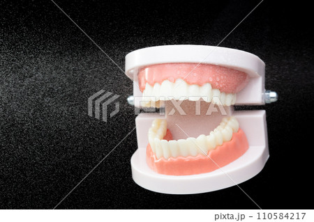 Artificial Tooth Plastic jaw clean with water spray jet. Teeth of dental jaw model spray with water to clean up before operation. Black background isolated. 110584217