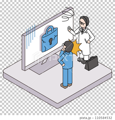 Isometric illustration of a male doctor examining a computer with weak security 110584532