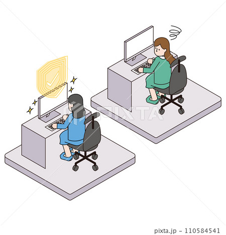 頑丈なセキュリティのパソコンと脆弱なセキュリティなパソコンのイラスト 110584541