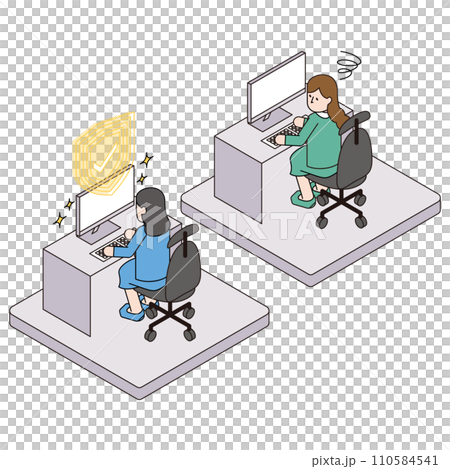 頑丈なセキュリティのパソコンと脆弱なセキュリティなパソコンのイラスト 110584541