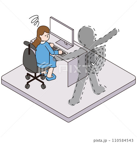 セキュリティが無くウイルスからの感染が不安な女性のアイソメイラスト 110584543