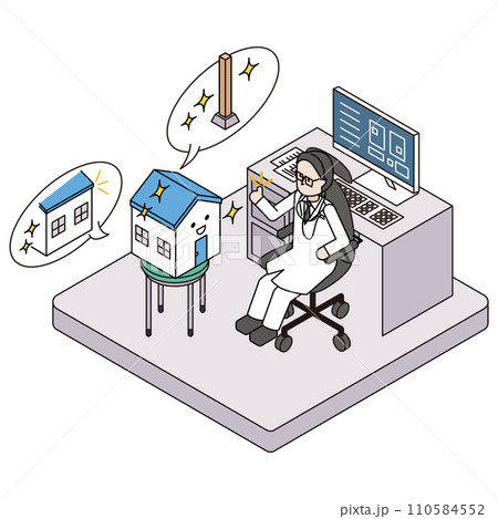 外壁や柱の劣化に不安な戸建て住宅とお家の診察をする男性の医師のアイソメイラスト 110584552