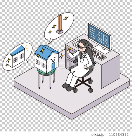 外壁や柱の劣化に不安な戸建て住宅とお家の診察をする男性の医師のアイソメイラスト 110584552
