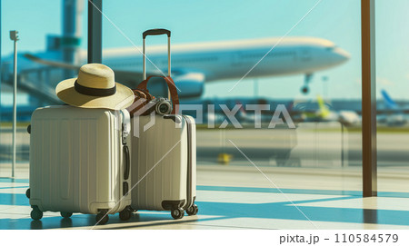 休暇の準備、空港でのモダンなスーツケースとアクセサリー、旅行と観光のコンセプト。AI画像 休暇の準備、空港でのモダンなスーツケースとアクセサリー、旅行と観光のコンセプト。AI画像 110584579