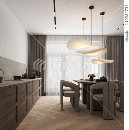 Modern dark minimal style wooden kitchen interior with window and dining table background. Nature design 110584752