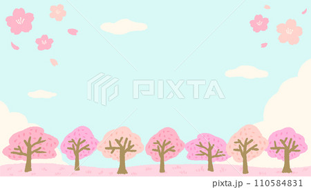 春をイメージした桜と桜並木の風景の背景フレーム、かわいいシンプルな手描きイラスト 110584831