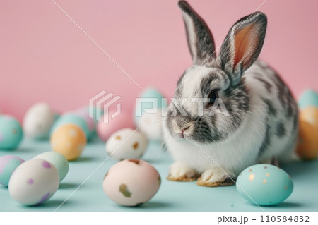 AI-generated content. Easter composition with rabbit and Easter eggs 110584832