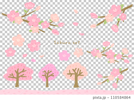桜と桜の木と花びら、テクスチャのあるかわいいシンプルな手描きイラストセット 桜と桜の木と花びら、テクスチャのあるかわいいシンプルな手描きイラストセット 110584864