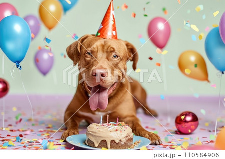 AI-generated content. Happy dog in a party hat celebrate Birthday 110584906