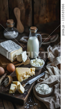 AI-generated content. Milk, eggs, sour cream, cottage cheese and cheese 110585066