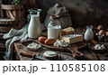 AI-generated content. Milk, eggs, sour cream, cottage cheese and cheese 110585108