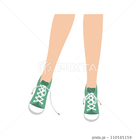 Woman legs in green sneakers with untied shoelaces. Vector illustration isolated on white background 110585159