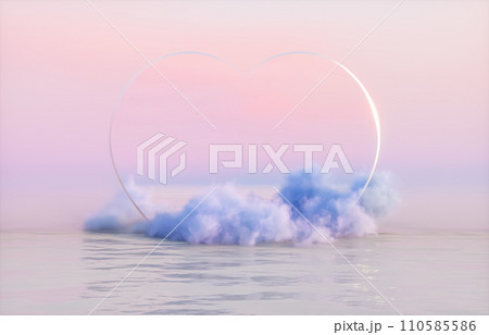 Natural beauty podium backdrop for product display with dreamy cloud and heart frame. Romantic 3d seascape scene. 110585586