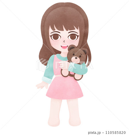 Girl holding and hugging teddy bear watercolor clip art 110585820